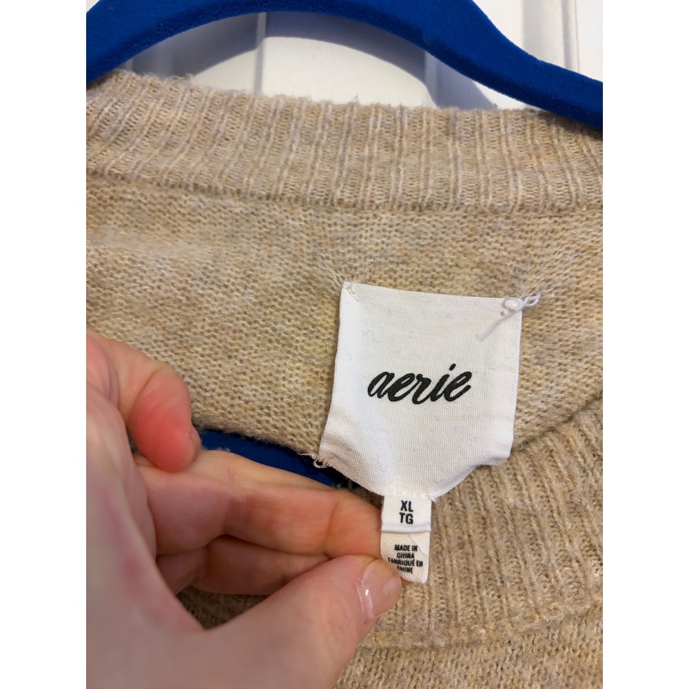 Aerie Oversized Striped Crewneck Sweater Oatmeal Beige Black XL Drop Shoulder - Picture 5 of 6